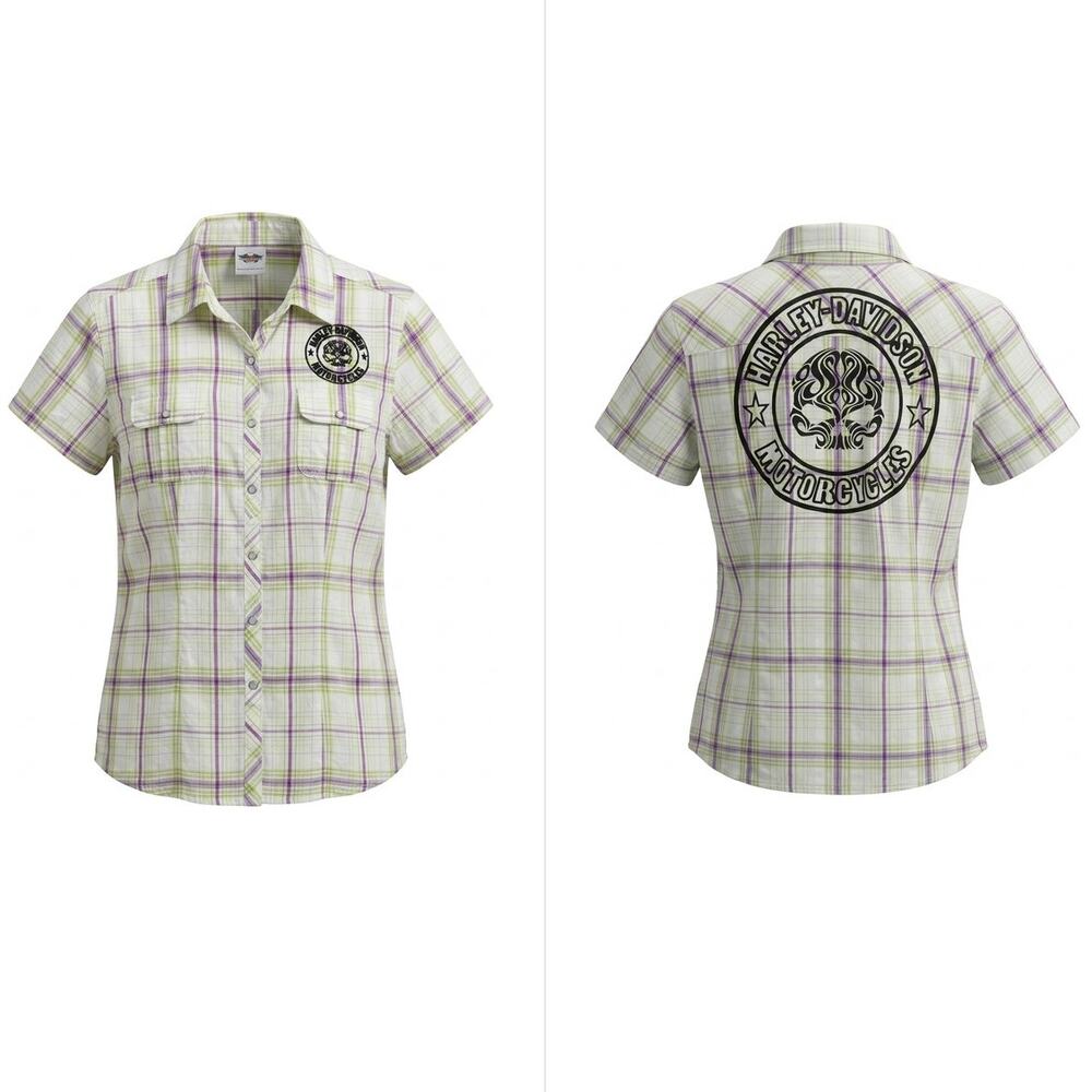 Harley-Davidson Genuine Green Plaid Button-Up Shirt Women Size M